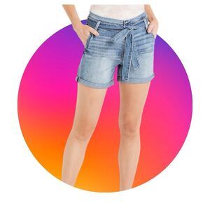 Kancan High Rise Denim Shorts Size 26 Tie Belt Rigid 100% Cotton Medium Wash NWT